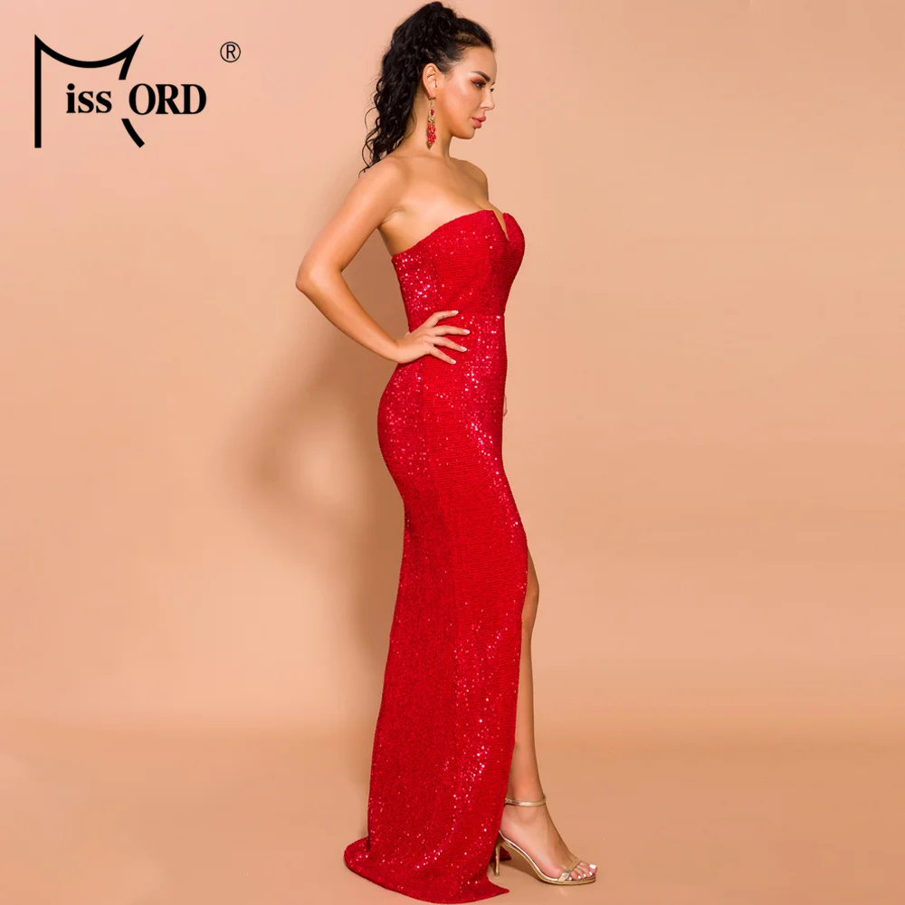 Missord Autumn and Winter Women Sexy V Neck Off Shoulder Backless Sequin Dress Female High Split Maxi Bodycon Dress FT19621