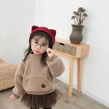 

WLG girls winter hoodies kids velvet thick pink brown mesh patchwork hoodie baby girl cute warm clothes 1-5 years