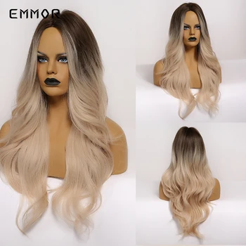 

Emmor Long Platinum Blonde Wigs with Brown Root Natural Wave Synthetic Hair High Temperature Cosplay Daily ombre Wig for Women