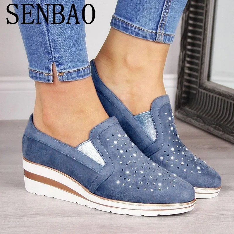 

SENBAO Women Flat Bling Sneakers Casual Vulcanized Shoes Female Lace Up Ladies Platform Comfort Crystal Loafers Fashion Shoes