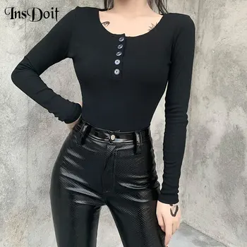 

InsDoit Casual Punk Button Up Black Tops Harajuku Sexy Bodycon Long Sleeve Tops Streetwear Gothic Women Autumn Basic T Shirts