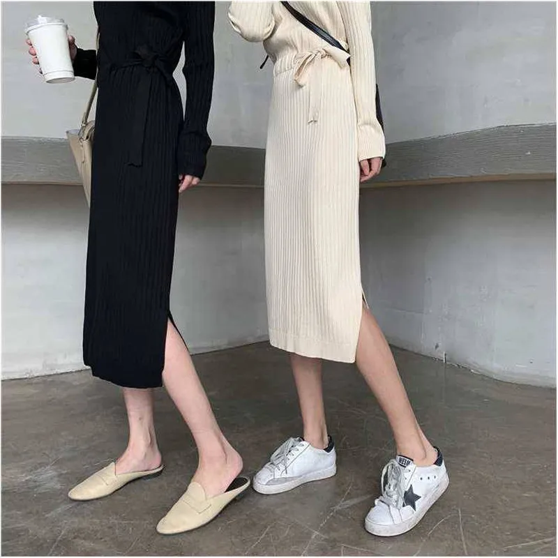 Fashion Maxi Slim Drawstring Waist Knitted Dress Women 2019 Vintage Long Sleeves Split A-line Party Dress Winter Warm Vestito