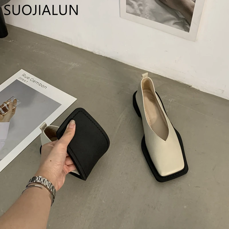 Women Flats SUOJIALUN Spring New Flat Shoes Square Toe Shallow Mouth Slip on Loafers Ladies Casual Shoes