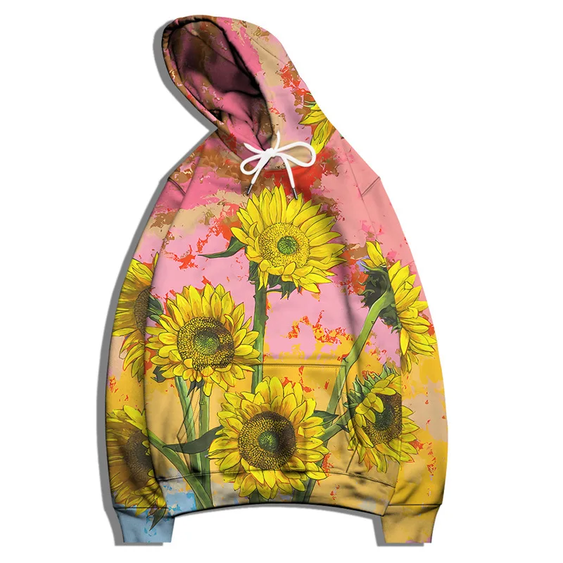 

3D Digital Sunflower Pattern Hooded Pullover Spring Autumn Men's Casual Loose Couple Tops Personalized Pocket Drawstring Hoodie