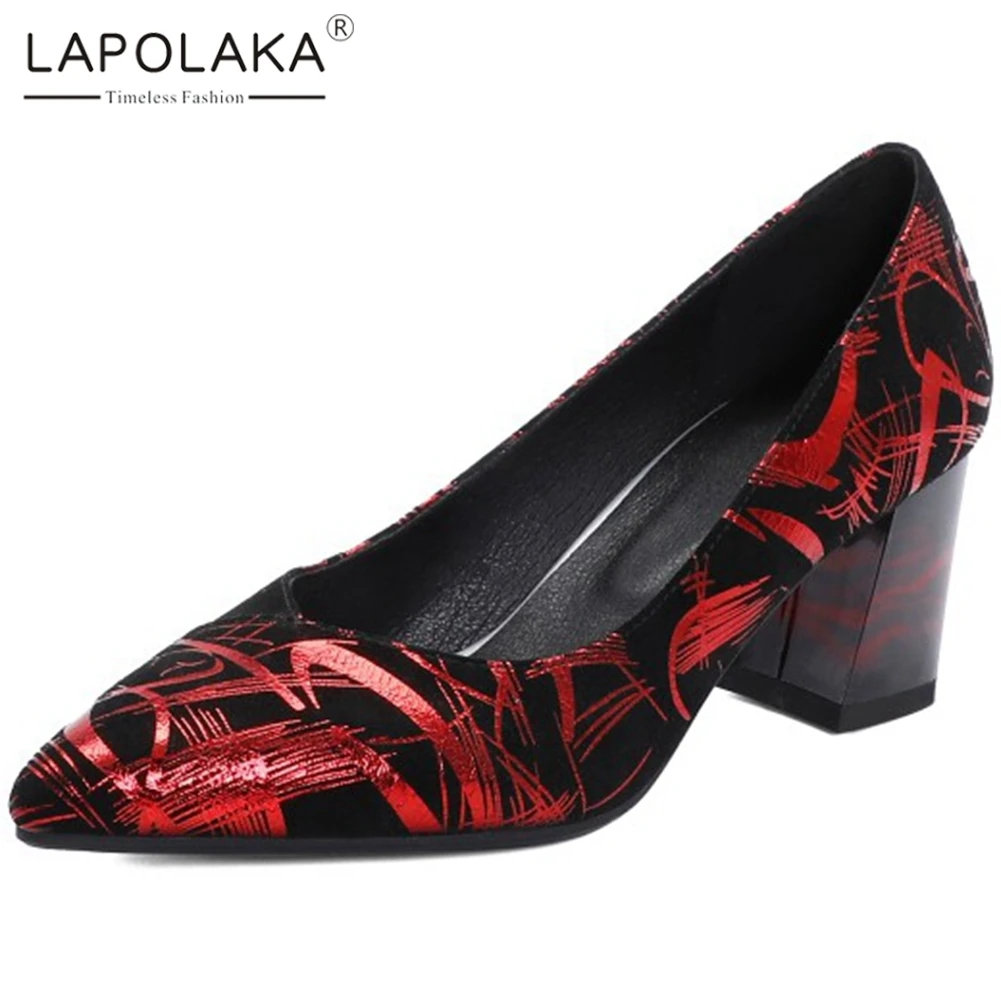 

Lapolaka 2020 New Fashion Genuine Leather Square Heels Mix Color Shoes Woman Pumps Female Slip On Pointed Toe Pumps Women Shoes