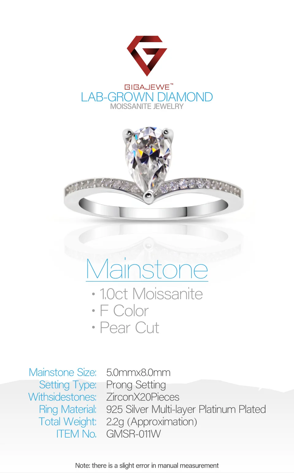 GIGAJEWE Moissanite кольцо 1.0ct 6X8 мм Груша F цвет 925 серебро золото многослойное покрытие мода символ любви подарок подруге