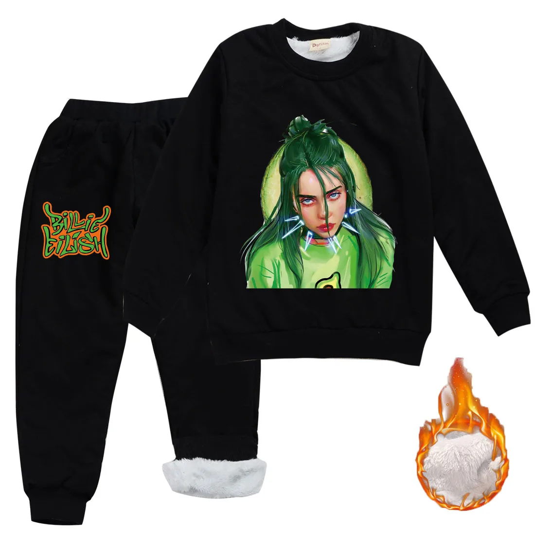

2020 Winter Children's Cotton Jacket Billy Eilish Cartoon Pattern Girls Long Sleeve Sweater boys two piece set Winter