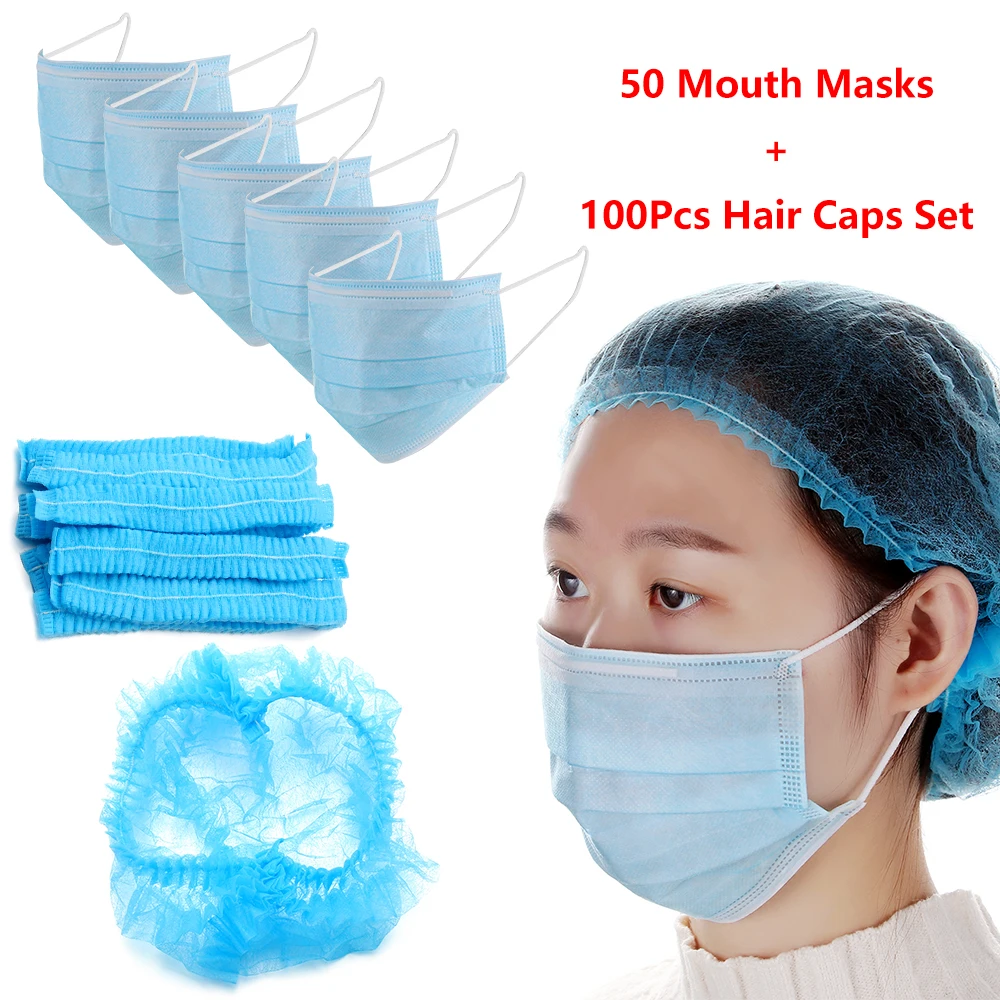 

50Pcs 3-Ply Non-Woven Disposable Waterproof Face Mask with 100Pc Non-woven Hair Caps Sterile Protection Anti-Dust Hair Nets Set