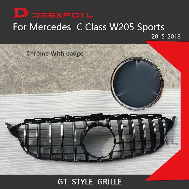 Для Mercedes C Class W205 Sports GT решетка вертикальный передний бампер гоночный гриль- Купе Седан 2 двери 4 двери C180 C200 C250 - Цвет: chrome with badge