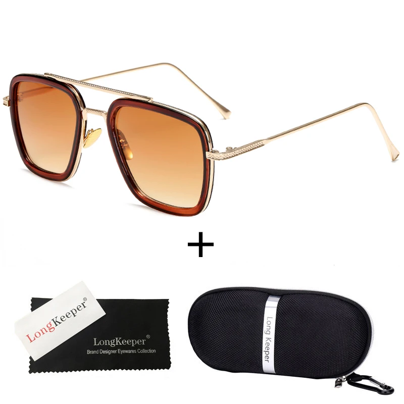 Fashion Avengers Tony Stark Sunglasses Men Metal Square iron man Glasses Steampunk Sun Glasses with case Male Pilot Gafas - Цвет линз: C6Brown