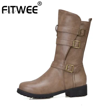 

FITWEE Mid Calf Boots For Woman Solid Color Round Toe Zipper Square Heels Shoes Fashion Buckle Women Footwear Size 34-43