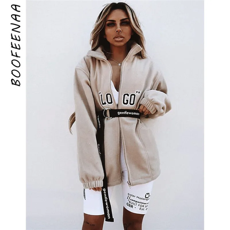 price reduction  BOOFEENAA Logo Letter Zip Fleece Outwear Women Fashion Jacket Coats Streetwear Oversize Windbreaker