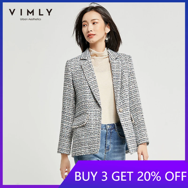 Vimly mujeres Blazers otoño primavera elegante solapa solo botón Tweed chaqueta delgada de negocios Casual abrigo mujer F3728