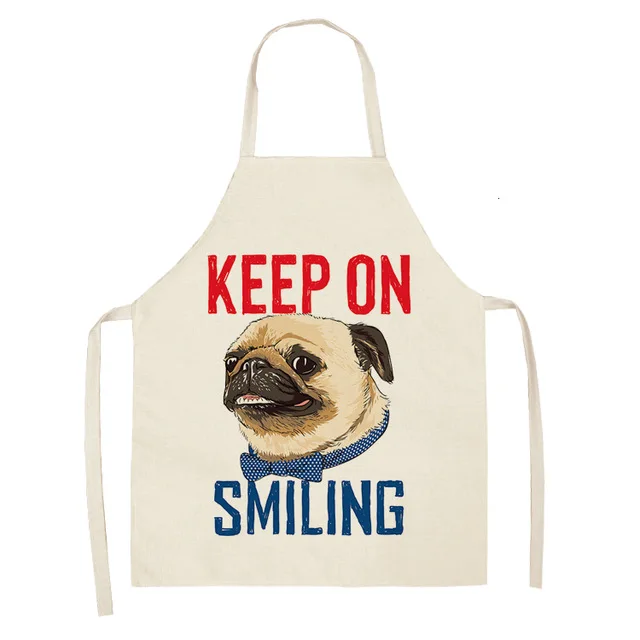Cute Dog Pug Pattern Cotton Linen Sleeveless Apron Kitchen Aprons Women Home Cooking Baking Waist Bib Pinafore WQTF17