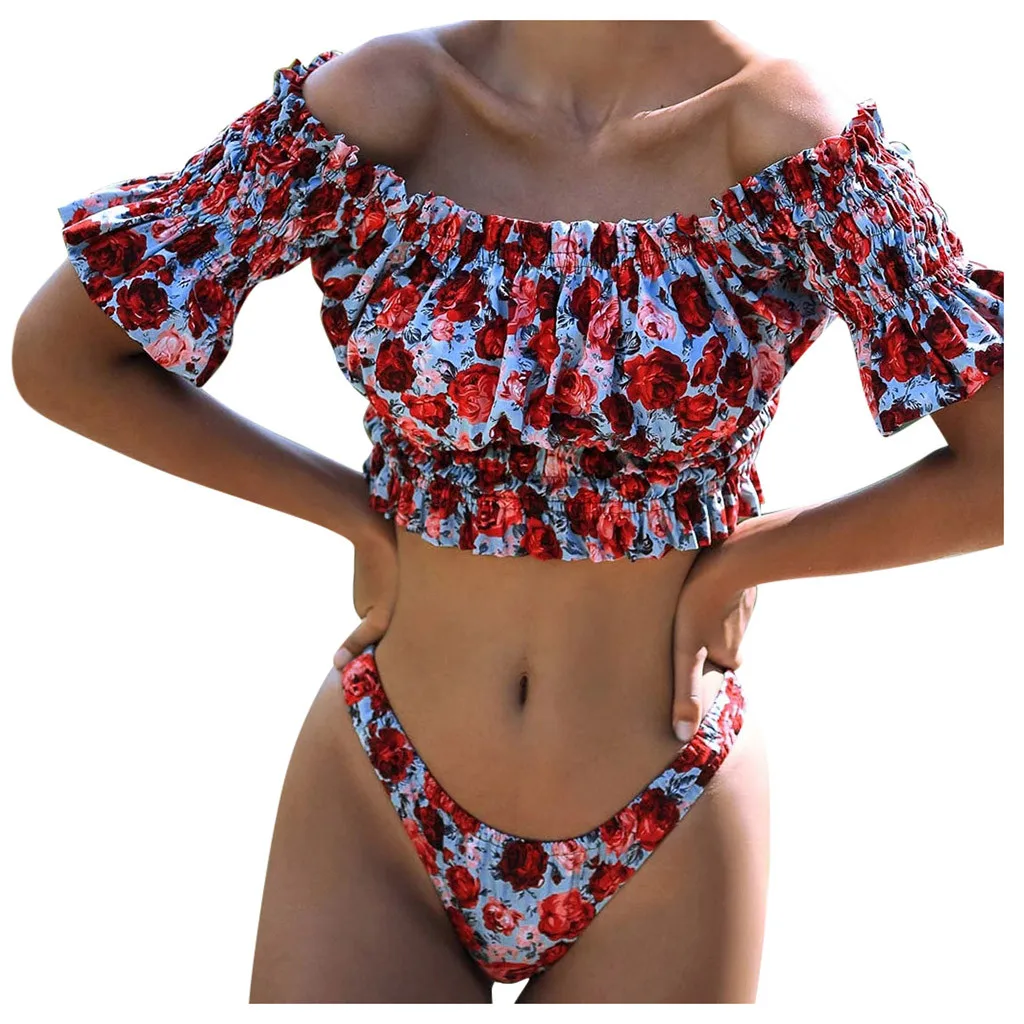 JAYCOSIN swimwear Women Shoulder Retro Small Fresh Swimsuit Set Beach Party Flower Print Elastic Bikini Red Series Fashion New 