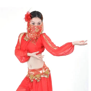 

New Arrival Women Belly Dance Costume Handmade Gold Coins Padded Top Bra Lantern Long Sleeve Dance Wear!