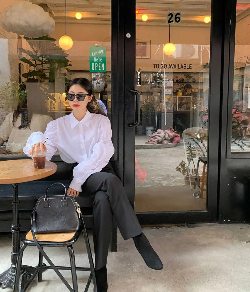 Shirts Women Puff Sleeve Folds Design Korean Style Solid