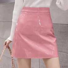 

High Waist Skirt Pink Fashion Sexy Zipper PU Leather Mini Skirts Slim Autumn Winter Women Pocket Skirts Night Club Black Skirts