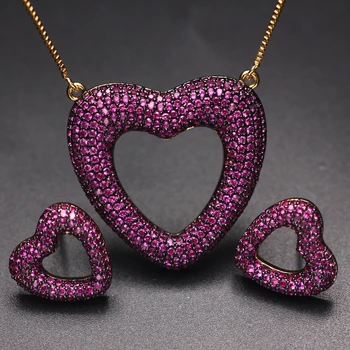 

Luxury Heart Shape Jewelry Sets For Women Full Paved Multicolor Zirconia Stud Earrings Pendant Necklaces Gold Bridal Wedding Set