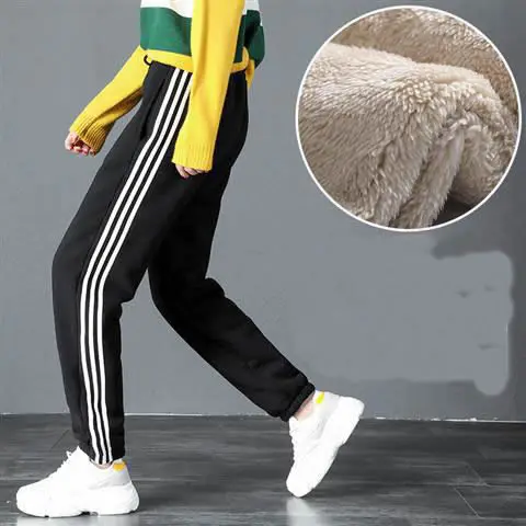 black stripe Velvet Зимние кашемировые шаровары, теплые женские штаны, повседневные брюки, женские бархатные толстые кашемировые Свободные штаны из овчины, женские спортивные штаны - Цвет: black stripe Velvet