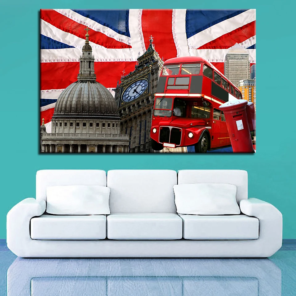 HD Prints Painting Living Room Wall Art Red Bus Pictures 1 Piece/Pcs London Flag Of British With Big Ben Poster Home Decor Frame | Дом и сад