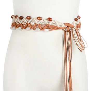 

Ethnic Wind Wax Rope Woven Handmade Waist Bandwidth Braided Rope Knotted Wooden Beaded Ladies Coat Dress