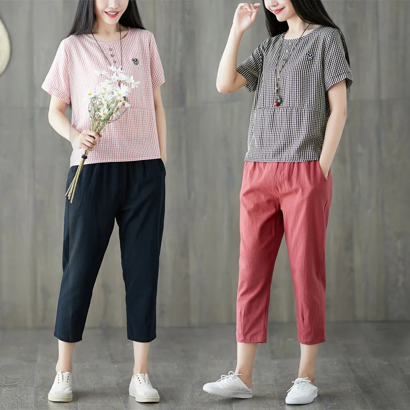 

Photo Shoot Fashion Cotton Linen Set Pants Women's 19 Summer New Style Short Sleeve Loose And Plus-sized WOMEN'S Dress Harem Pan