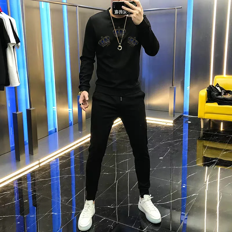 Male Comfortable Padded Track Suit Shiny Sweatshirt + Pants 2-Piece Crown Casual Trend Hot Diamond Hoodie Winter Men's Sets