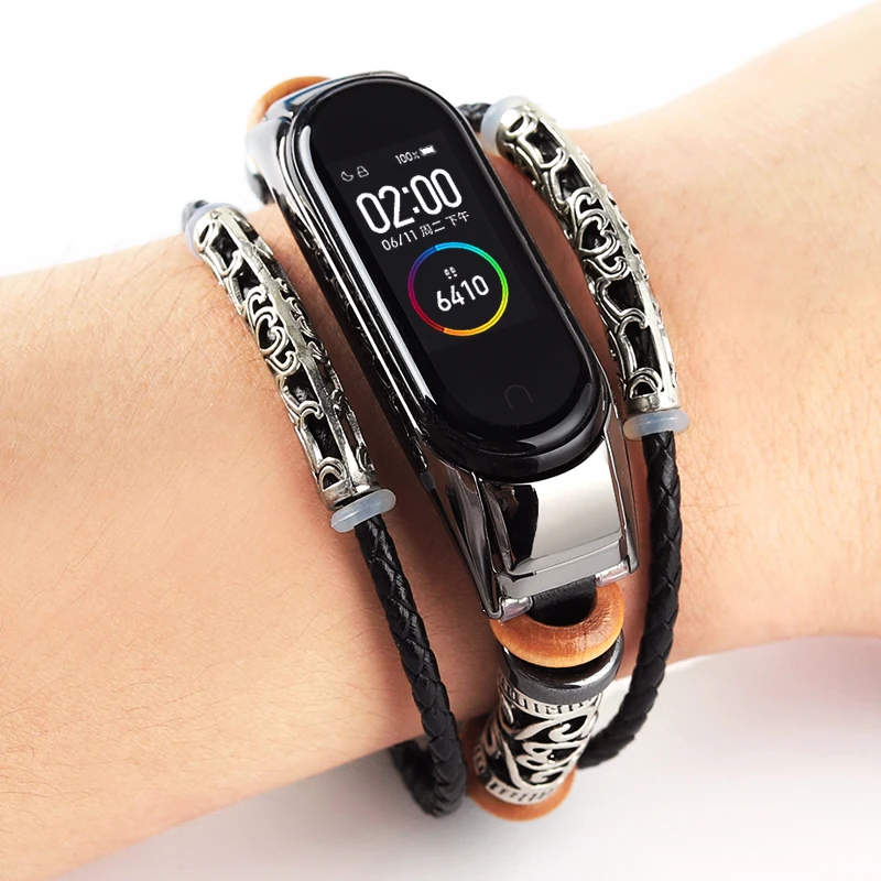 Кожаный ремешок для xiaomi mi band 4 браслет с металлическим украшением народный на