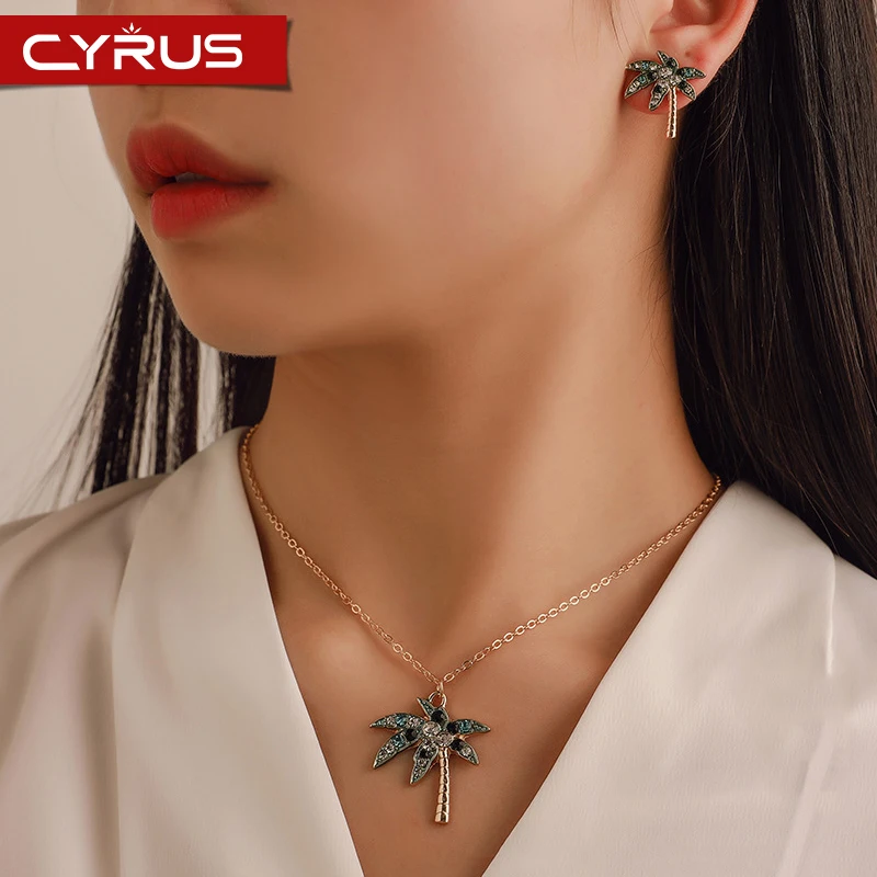 

Fashion Rhinestone Coconut Tree Earrings Necklace Set for Women Exaggerated Mujer Travel Jewelry Trendy Nice Femme Accessories