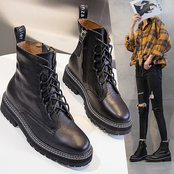 

Women Genuine Leather Ankle Boots Female Cow Leather Black Vintage Boots Spring/Autumn/Winter Casual Lady Shoes Woman Footwear
