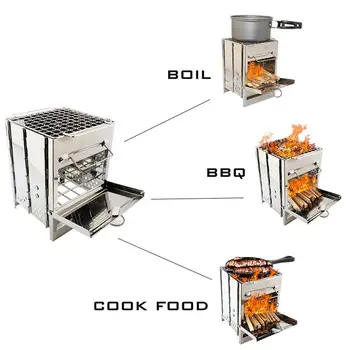 

Charcoal Stove Camping Stove BBQ BOIL Silver 201 Stainless Steel Hiking Cooker Stove Pot Cooking System Wood Burning Picnic