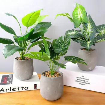 

5 Styles Simulation Artificial Fake Turtle Back Leaves Green Silk Plants With Pot Foliage Bush For Home Office Decoration