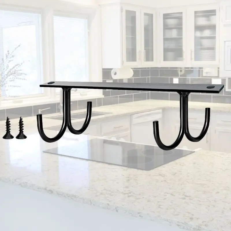 Cup Storage Holder Kitchen Cup Holder Mug Rack Under Cabinet 4 Hooks Under Shelf Display Hanging Drying for Bar Kitchen Utensils Household