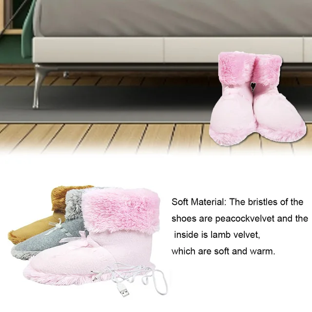 Usb Melegebb Lábcipő Elektromos Fűtött Cipő Plüss Meleg Papucs Láb Mosható Bolyhos Zsákmány Lábfűtés - Image 4
