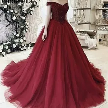 Темно-красные тюлевые вечерние платья Золушки с открытыми плечами, со шнуровкой сзади, украшенные кристаллами, vestidos de fiesta de noche