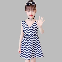 Летнее платье для девочек, платье для девочек в волнистую полоску с бантом и v-образным вырезом, плиссированное платье для девочек, одежда в английском стиле для девочек 6, 8, 10, 12, 14 лет