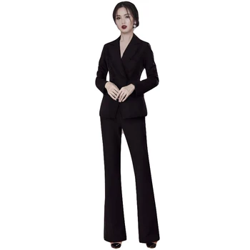 

Double Breasted Solid Blazer Jacket & Flare Trousers Suit For Women Set Feminino Business Black Work Pant Suits OL 2 Piece Set