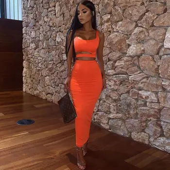 

ZITY Sexy 2 Piece Long Skirt And Crop Top Set Women Bodycon Two Piece Set Birthday Party Club Outfits Matching Sets