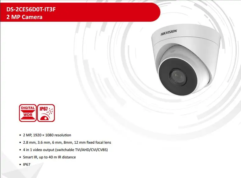 Оригинальная международная версия Hikvision 2mp HD 1080p EXIR поворачивающаяся камера DS-2CE56D0T-IT3F день/ночь Открытый TVI/AHD/CVI/CVBS