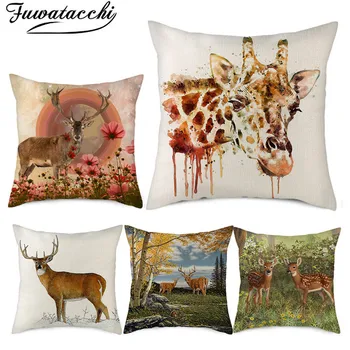 

Fuwatacchi Printed Cute Deer Pattern Cushion Cover Pure Linen Pillow Cover for Home Chair Sofa Decorative Pillowcases 45x45