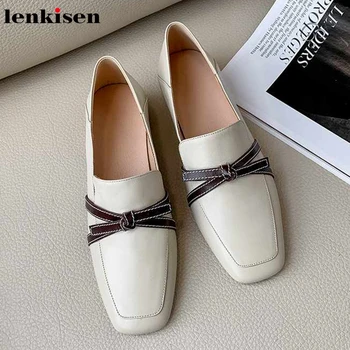 

Lenkisen mixed colors bowtie genuine leather loafers shoes square toe med heels women slip on breathable simple style pumps L91