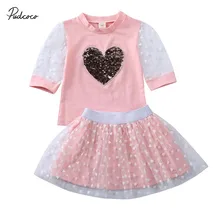 Милая одежда для маленьких девочек Кружевная футболка с рукавами-фонариками и блестками юбка с сердечками Вечерние наряды Princess1-5Y-лето