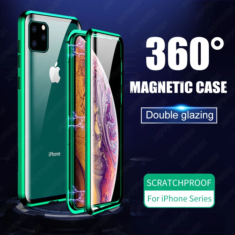 Магнитный металлический чехол для телефона iPhone 11 Pro Max двухсторонняя стекла