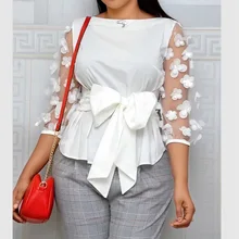 

Red Blouse Patchwork Sleeves with Appliques Bowtie Waist Belt Autumn Tops Women Shirts White Bluas Female Elegant New Tunic