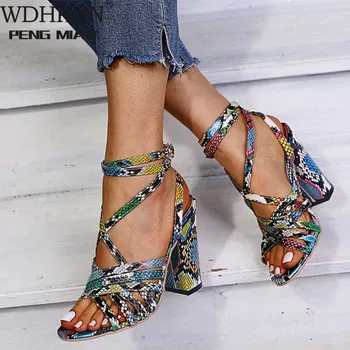 

Gladiator Sandals Woman Summer Vintage Snakeskin Women Lace ladies Shoes Peep Open Toe Sandals Pumps Sexy Plus Shoes Size 34-43