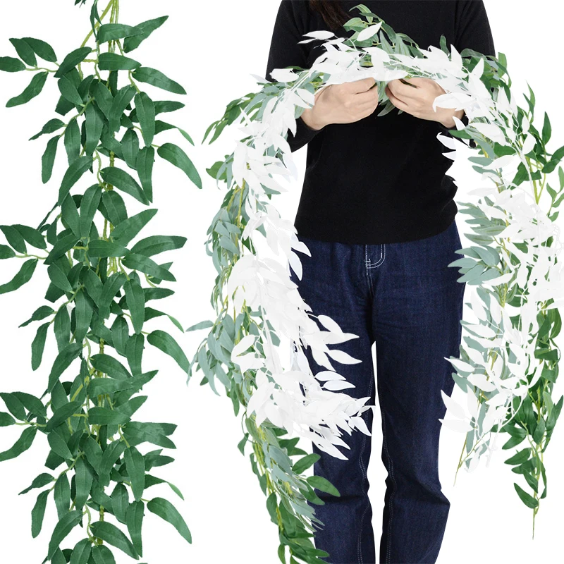 Гирлянда из зеленых листьев ивы, 184 см, искусственные цветы из ротанга, шелковые листья, лоза для свадьбы, вечеринки, домашний подвесной декор, Рождественский венок