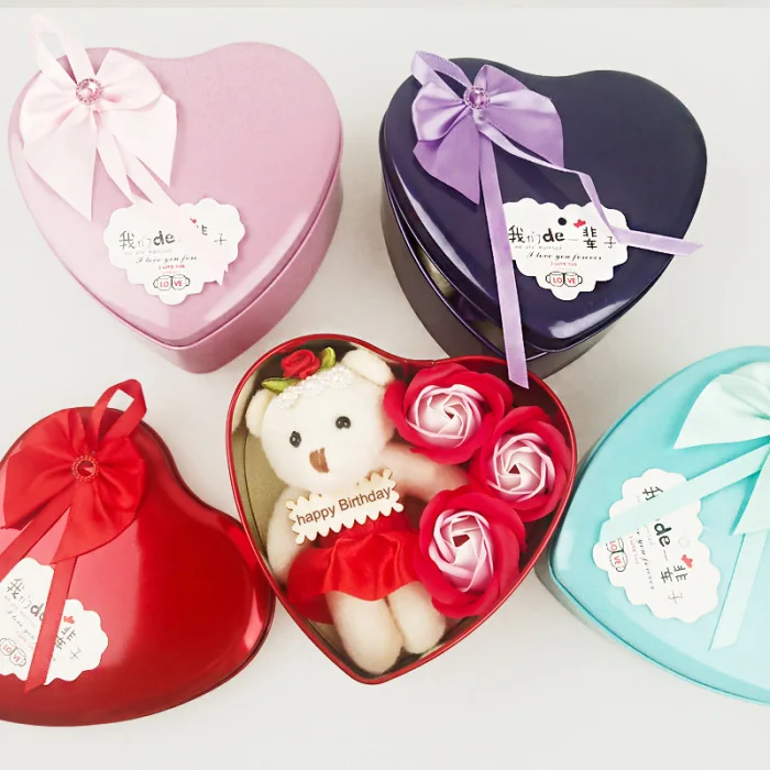 3 мыла в форме цветка, Розовое Мыло с медвежонком и коробкой для хранения в форме сердца, романтический подарок для влюбленных подружек, DEC889