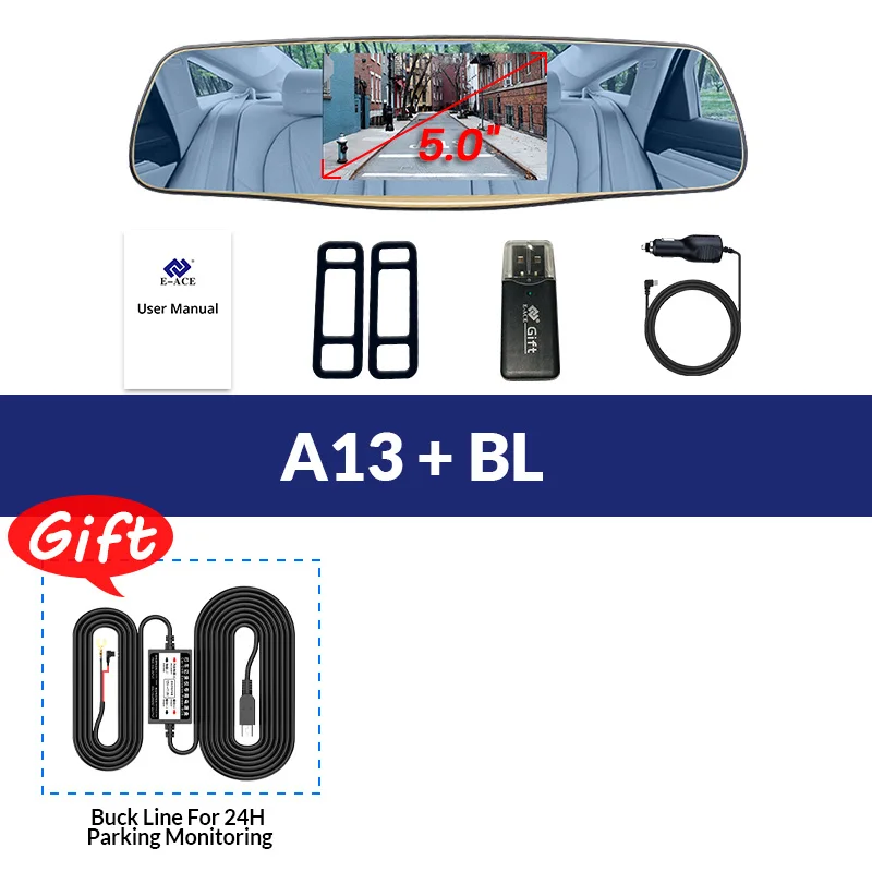 A13-BL E-ACE, Автомобильный видеорегистратор, зеркальная камера, FHD 1080 P, видео рекордер, двойной объектив с камерой заднего вида, авто регистратор, автомобильная камера, видеорегистратор - Название цвета: A13-BL