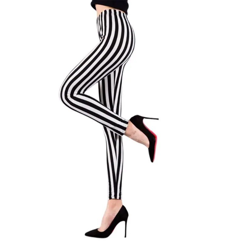 

Womens Mid Rise Ankle Length Stretchy Leggings Black White Vertical Striped Print Yoga Sports Casual Capri Pants Elastic Tights